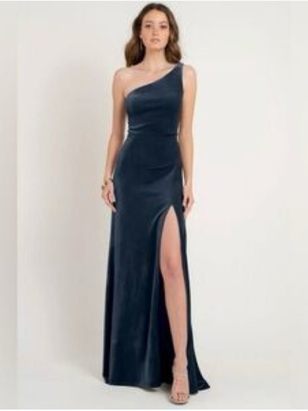 Jenny Yoo Cyril One-Shoulder Velvet Gown Navy Blue Size 4 Formal Evening Dress